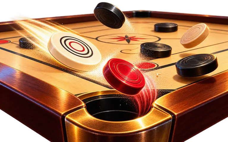 Carrom board with striker and coins