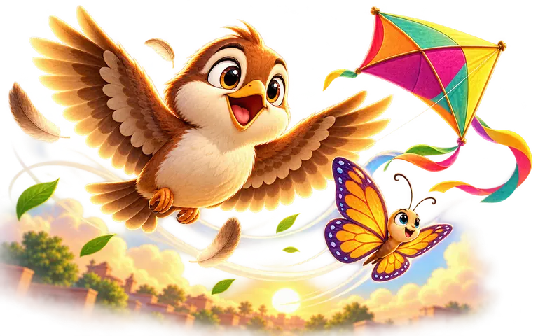 A colourful bird flying through a playful scene