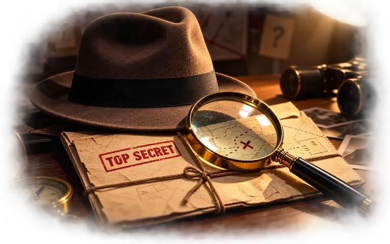 Detective clues and magnifying glass
