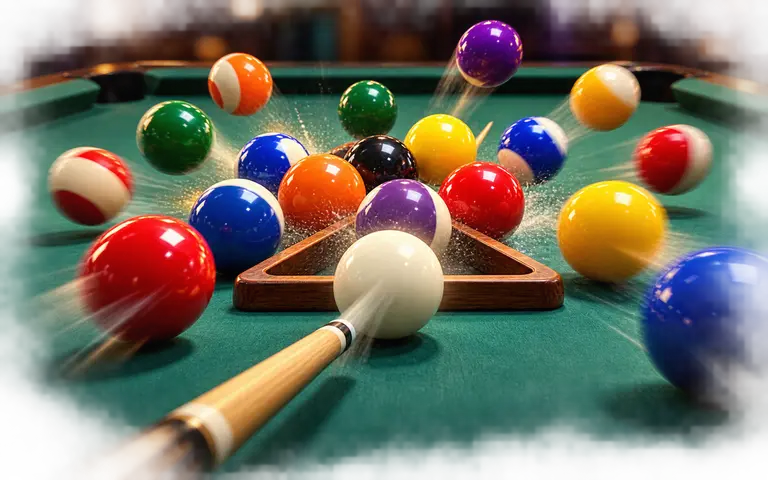 Pool balls and cue on a green table