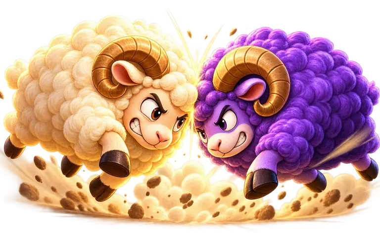 Two playful sheep facing off